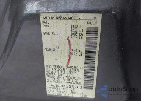 2015 Nissan Altima 2.5 Sl from USA, damaged, VIN 1N4AL3AP5FN305262